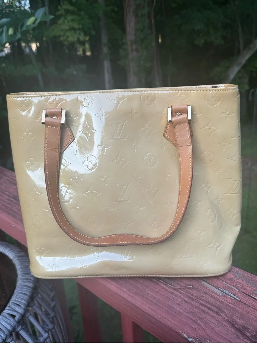 Louis Vuitton Yellow Vernis Monogram Patent Tote with Tan Handles